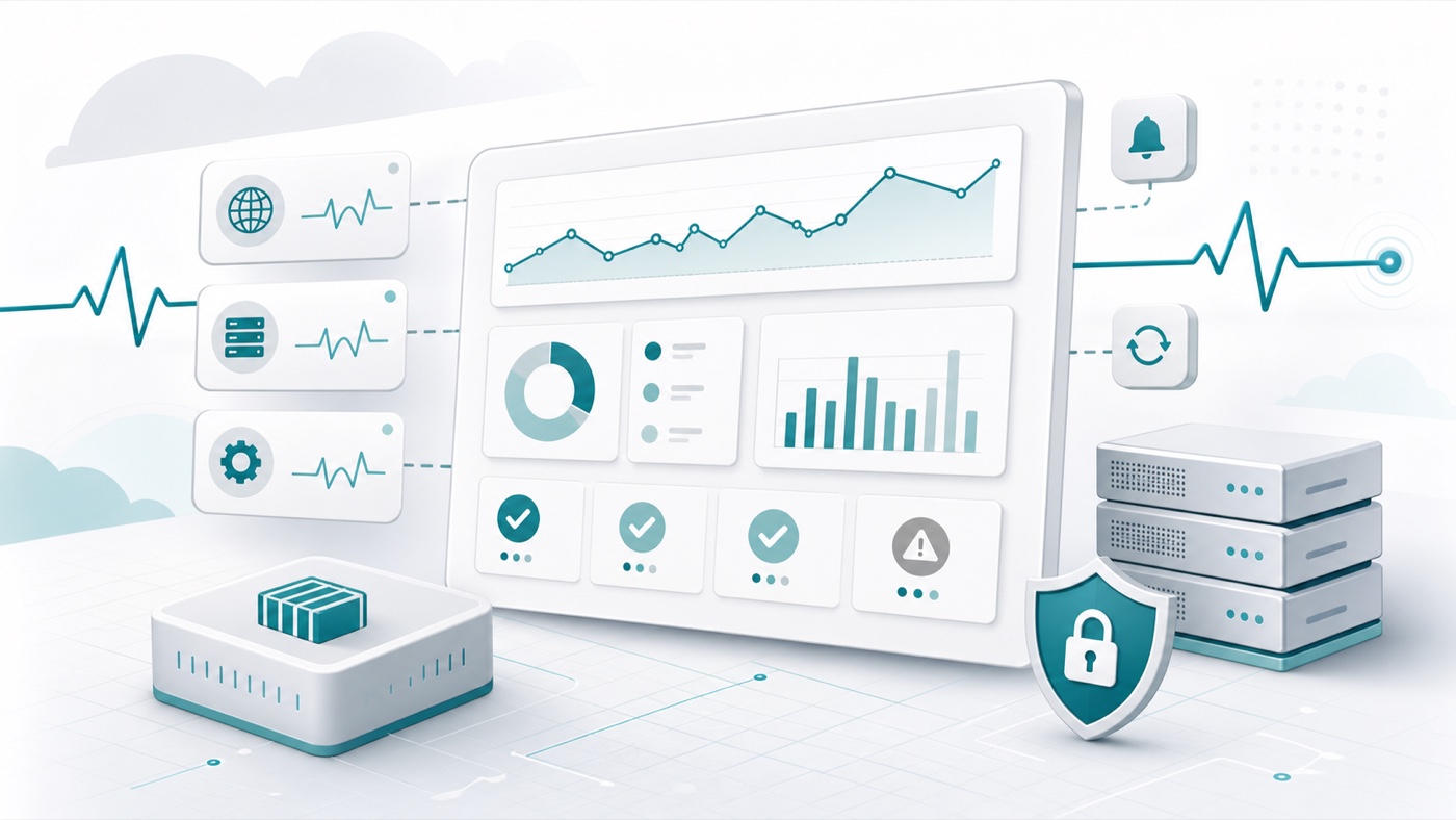 Self-hosted monitoring dashboard with uptime charts, server status, and security shield