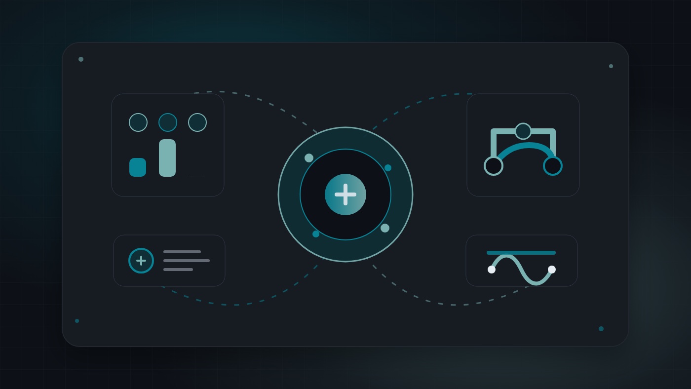 Abstract benchmark dashboard with three operational domains feeding an AI agent evaluation loop