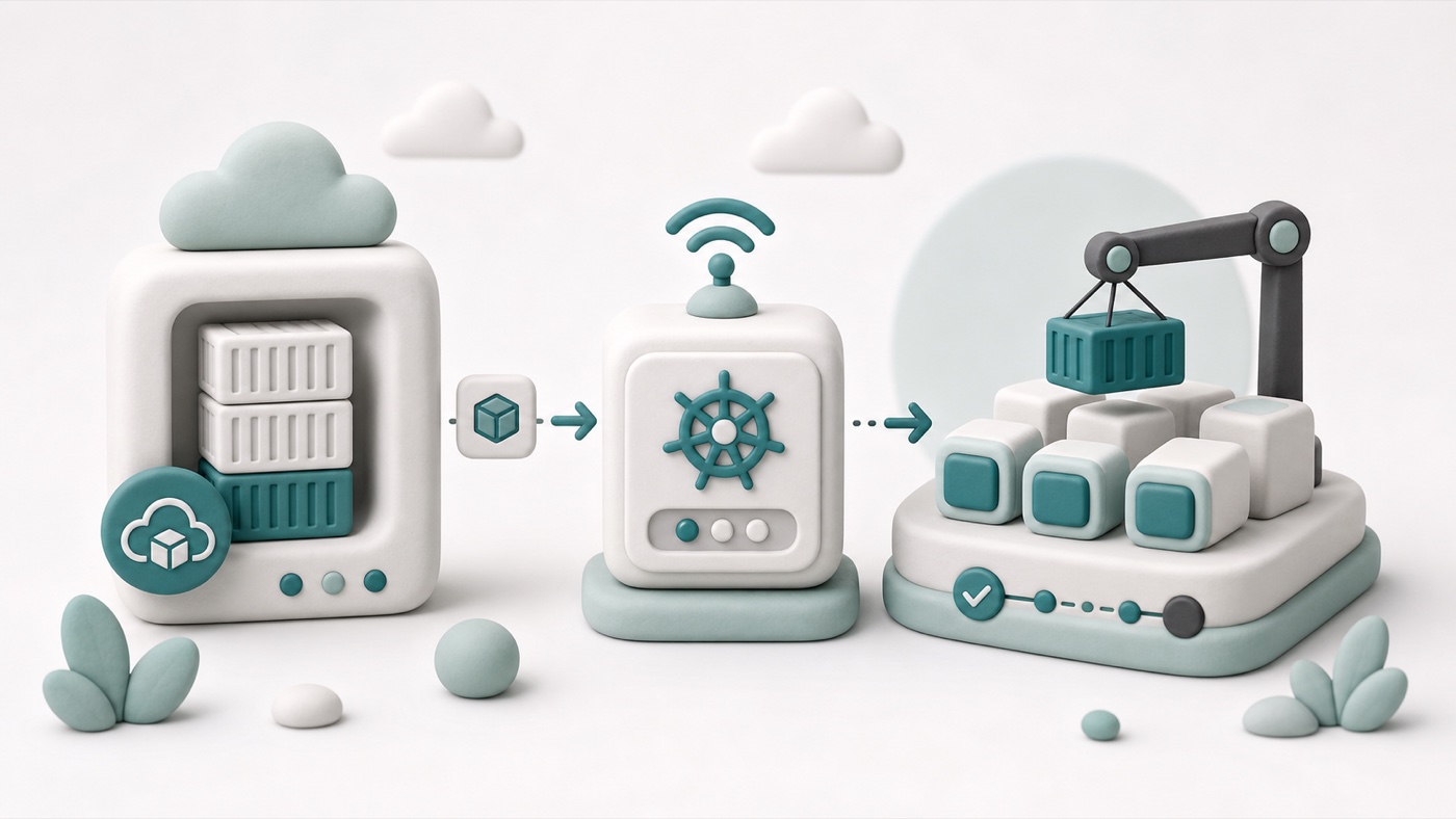 Claymorphism-style Kubernetes deployment pipeline where Keel watches a container registry and updates a cluster