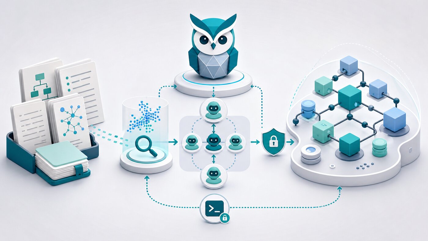 Soft 3D technical workflow where runbooks, AI agents, and a read-only security layer inspect a Kubernetes cluster