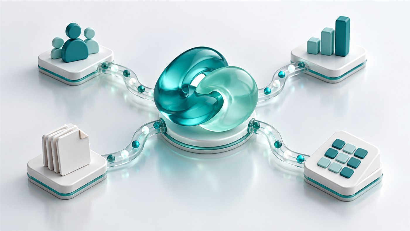 Teal glass integration hub connecting contact profiles, CRM bars, sales documents, and a model metadata grid
